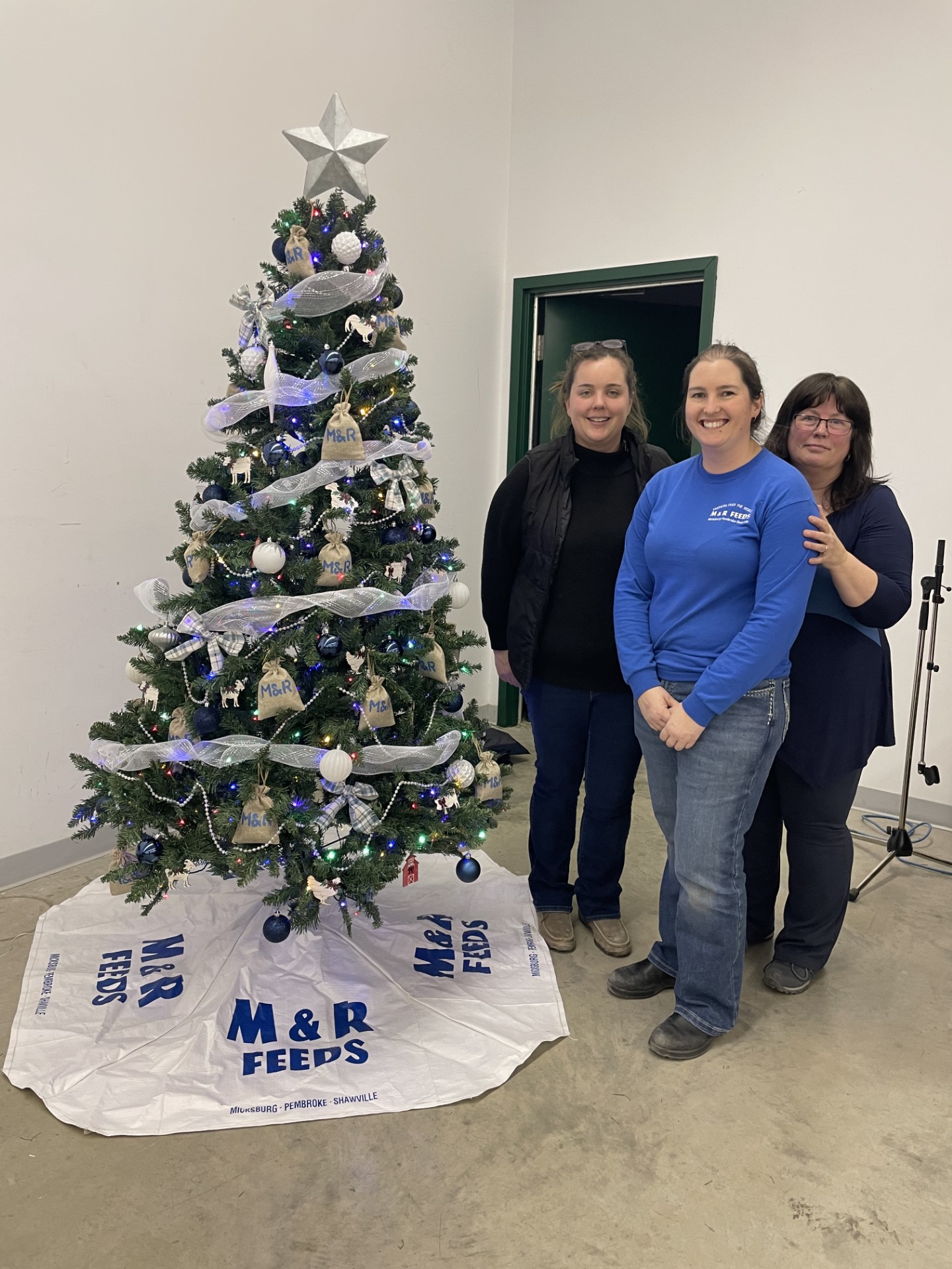 Angie, Emily and Shauna with the Christmas tree they decorated for M&R Feeds entry