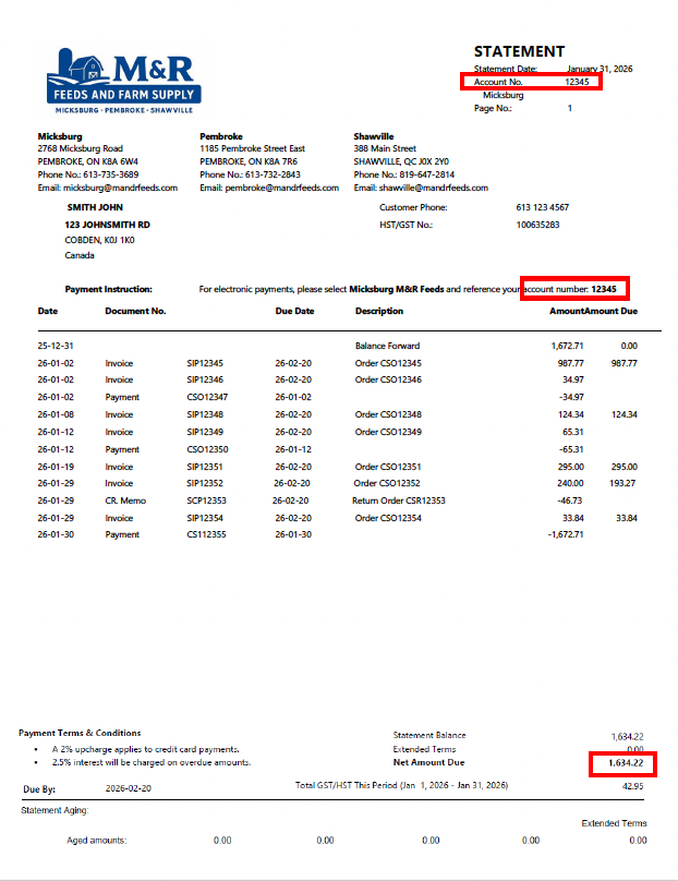 sample statement with account number and balance due highlighted